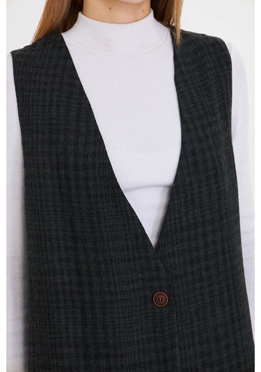 Armonika Kadın Haki V Yaka Tek Düğmeli Oversize Desenli Yelek Arm-25k001110