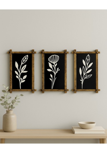 Rustik Ahşap Çerçeveli Siyah-beyaz 3 Lü Duvar Dekor Seti Duvar Dekorasyonu