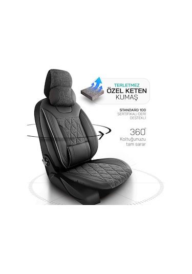 Panda Marmaris Serisi Keten Kumaş Oto Koltuk Kılıfı - Siyah - Gri