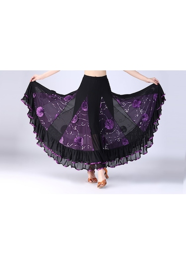 Sones Pullu Çiçek Salıncak Modern Dans Eteği Mor