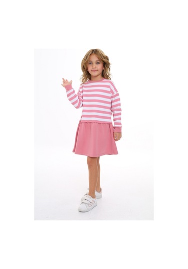Toontoy Kız Çocuk Çizgili Elbise Gülkurusu