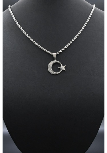 Ay Yıldızlı - Ay Yıldız Kolye Paslanmaz Çelik Zincir 902300 Gümüş
