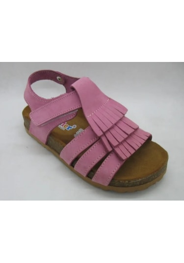493 Doğal Deri,anatomik Mantar Taban Püsküllü Sandalet 31-36 Pembe