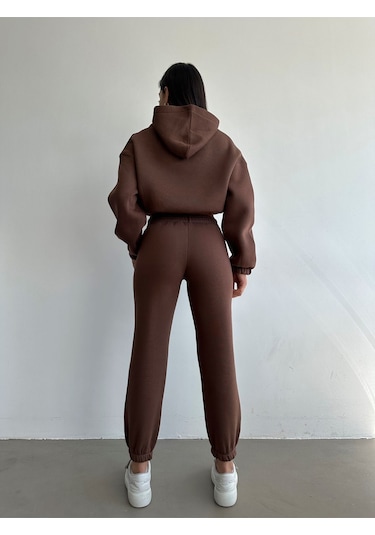 Kadın Pamuklu İçi Polarlı Basic Eşofman Takımı Kahverengi