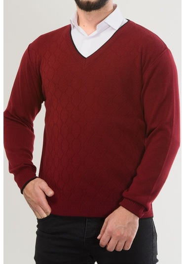 Kamalı Bordo Erkek V Yaka Triko Uzun Kol Standart Fit Tüylenmeyen Triko Kışlık Örgü Kazak Bordo