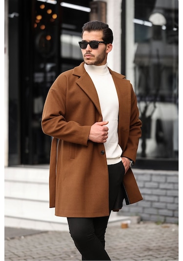 Mero Life Erkek Taba Kemerli Oversize Rahat Kesim Kaşe Kaban Taba