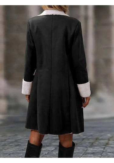 Kadın Uzun Kollu Yakalı Düğmeli Süet Mini Manto Siyah