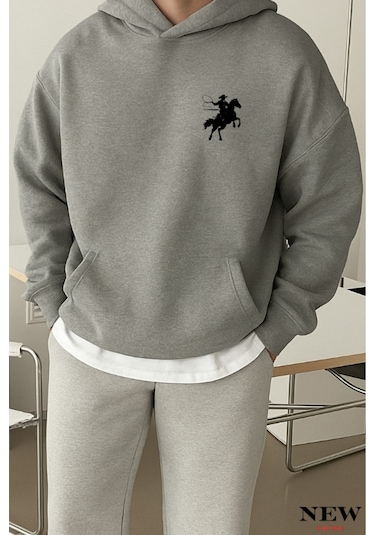 Koşan Atlı Baskılı Sweatshirt Gri