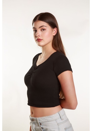 Kadın Fitted Crop Ön Yaka Bözgülü Fitilli Kollu Tshirt Atlet Bluz Siyah