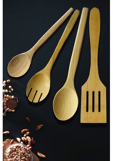 Standlı Ahşap Tahta Servis Sunum Kaşık Seti - Doğal Yağlı 5 Parça