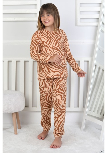 Kaplan Desenli Kız Çocuk Pijama Takımı Kahverengi