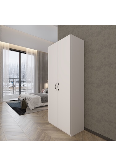 Ed Pet Dizayn 2 Kapaklı 5 Katlı Çok Amaçlı Beyaz Elbise Dolabı