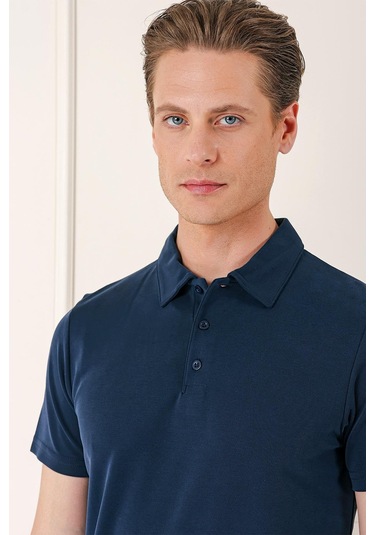 Slim Fit Düğmeli Polo Yaka Pamuklu Lacivert Tişört Ts 879 Lacivert
