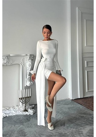 Neşeli Butik Kadın Yan Kurdele Detaylı Mini Elbise Nbdf167 Beyaz