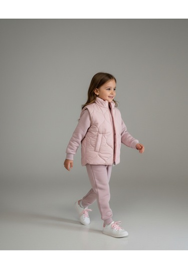 Yelekli Kız Çocuk 3'lü Takım Pembe