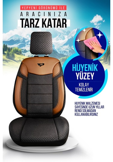 Siyah - Taba Garni Panda Dragon Serisi Dokuma Kumaş Oto Koltuk Kılıfı - Tam Set