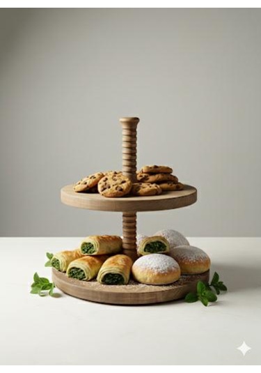 2 Katlı Ahşap Kek Kurabiye Sunumluk ,2 Katlı Doğal Ahşap Stant 28x28