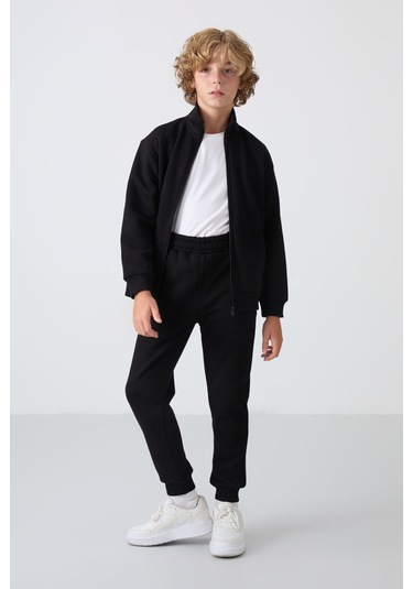 Tommy Life Siyah Pamuklu Kalın İçi Tüylü Yumuşak Dokulu Standart Fit Nakışlı Erkek Çocuk Eşofman Takım - 11256 Siyah