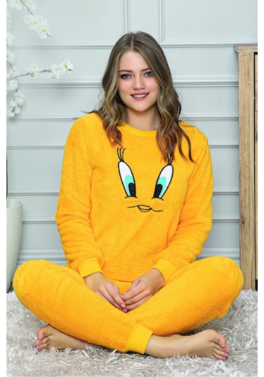 Waynap Kışlık Peluş Tweety Kadın Pijama Takımı Tampap 8170 Sarı