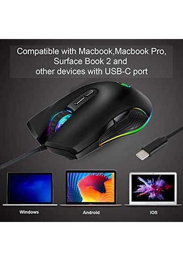 Usb C Fare, Tip C, Ergonomik, Kablolu Fare, Rgb Optik Fare