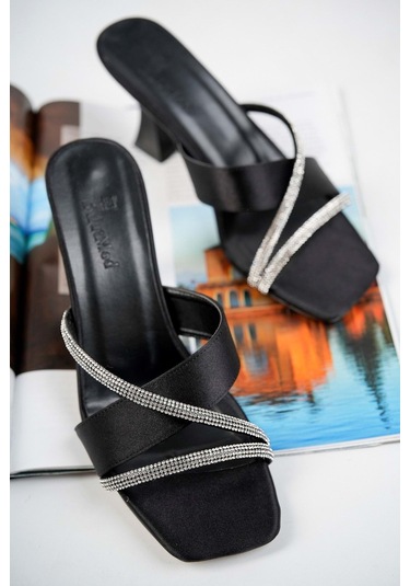 Bulutmod Ba04194 Siyah Kadın Saten Çapraz Taşlı Günlük Abiye Topuklu Terlik Siyah