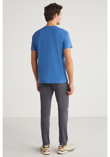 Mıchel Erkek Slim Fit Dar Kesim %100 Organik Pamuklu Yana Kayan Dikişli Basic Örme Mavi T-shirt