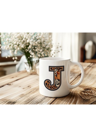 J Harfi Kaplan Figürlü Nakış Desenli Kupa Bardak - Kişiye Özel Vahşi Hayvan Desenli Kupa - Hediye Beyaz