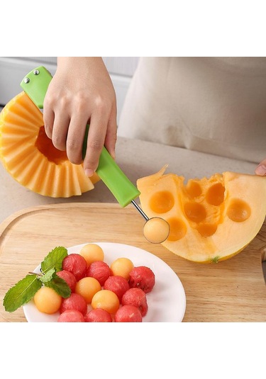 3'ü 1 Arada Karpuz Ayırıcı Posa Kaşığı Meyve Topu Kazıcı Çok İşlevli 304 Paslanmaz Çelik Mutfak Meyve Kesici Dilimleyici Alet Yeşil