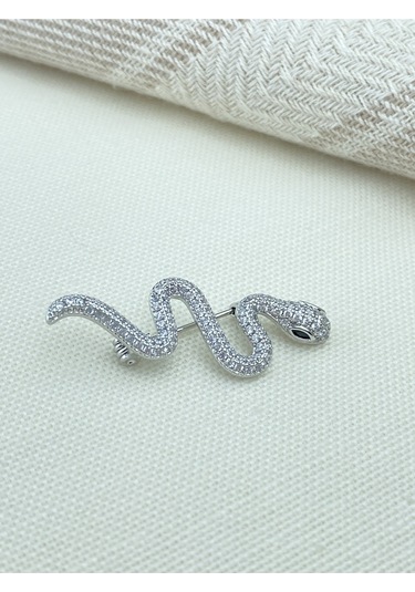 Kyver Yılan Model Full Zirkon Taşlı Broş Silver
