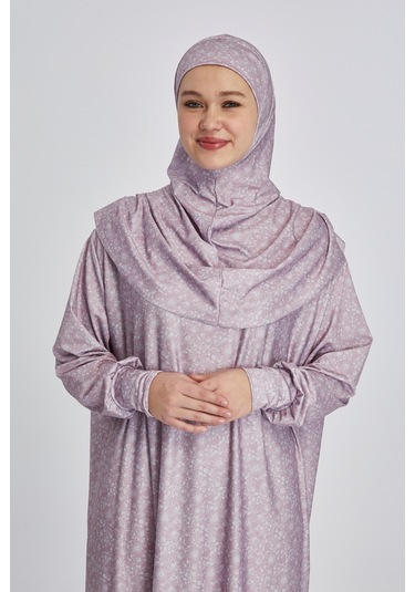 Pratik Tek Parça Çiçek Desenli Namaz Elbisesi Pembe
