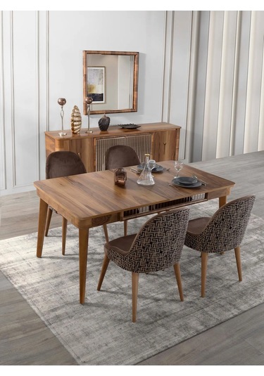 Miryan Yemek Odası Takımı Yemek Masası + 4 Adet Sandalye Kahverengi