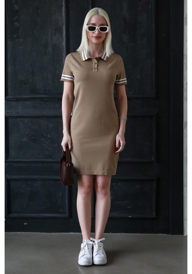 Madmext Kahverengi Polo Yaka Şerit Detaylı Kadın Elbise Mg2344