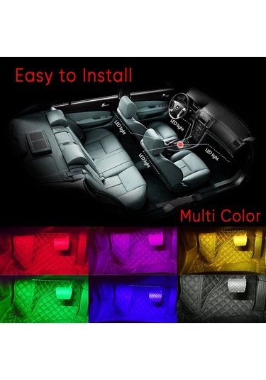 Geeroyoo Araç İç Led Işık Seti 48 Led 4x22cm - Usb Girişli, Müzik Rhytmi İle Renk Değiştirme, Kumanda Kontrol, Su Geçirmez