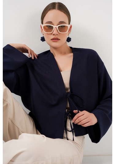 Bigdart Önü Bağlamalı Keten Kimono 960 - Lacivert