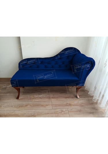 Ters Kol Dekoratif Bihter Koltuk Josefin Puf 130 Cm Ceviz Ayak Lacivert