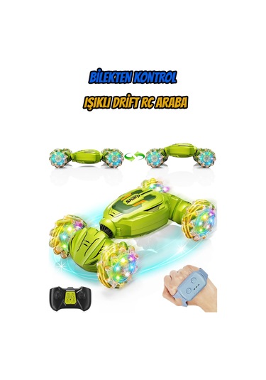 Işıklı Şarjlı El Sensörlü Bilekten Kontrol 2.4 Ghz Şarjlı Uzaktan Kumandalı 360 4x4 Akrobat Araba Yeşil