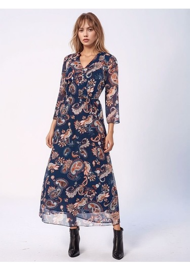 Kadın V Yaka Astarlı Uzun Truvakar Kol Çiçekli Tül Şık Maxi Boy Elbise Lacivert