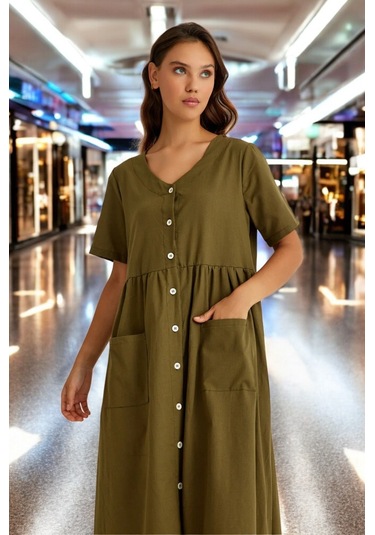 Beli Büzgülü V Yaka Keten Elbise Haki