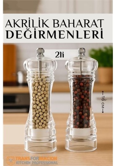 Modacar Baharat Öğütücü - Baharat Karabiber Tuz Değirmeni Ahşap Akrilik Kristal 2 Li Set