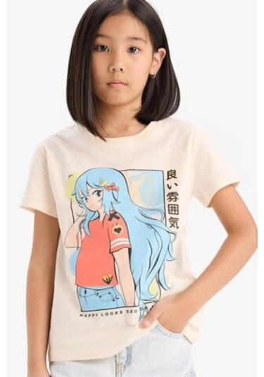 DeFacto Kız Çocuk Bisiklet Yaka Anime Baskılı Kısa Kollu Tişört E0350A825SMER233 Ekru