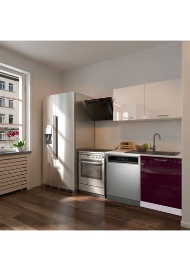 Manzaa Hazır Mutfak Dolabı 120cm - Parlak-beyaz Laminat Tezgah Dahil-bulaşık Makinesi Yeri Mevcut Mürdüm