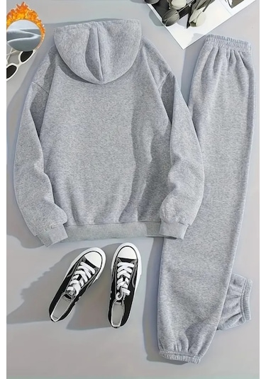 Unisex Good Vbs Kedi Baskılı Kapüşonlu Gri Eşofman Takımı - Kışlık Şardonlu Kumaş Gri