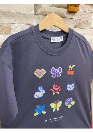 Aysbebe Nakış Desenli Kız Çocuk Tişört Füme 8920