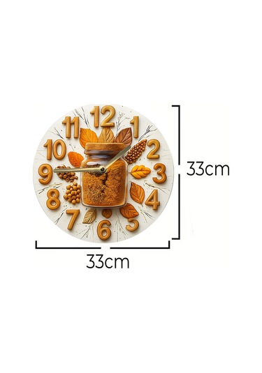 Zamanın Baharatı Kavanoz Temalı Sessiz Yuvarlak Ahşap Duvar Saati, Kuvars Coffe Desen 2d Sdw209 Renkli