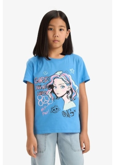 DeFacto Kız Çocuk Bisiklet Yaka Baskılı Kısa Kollu Tişört E0350A825SMBE339 Mavi