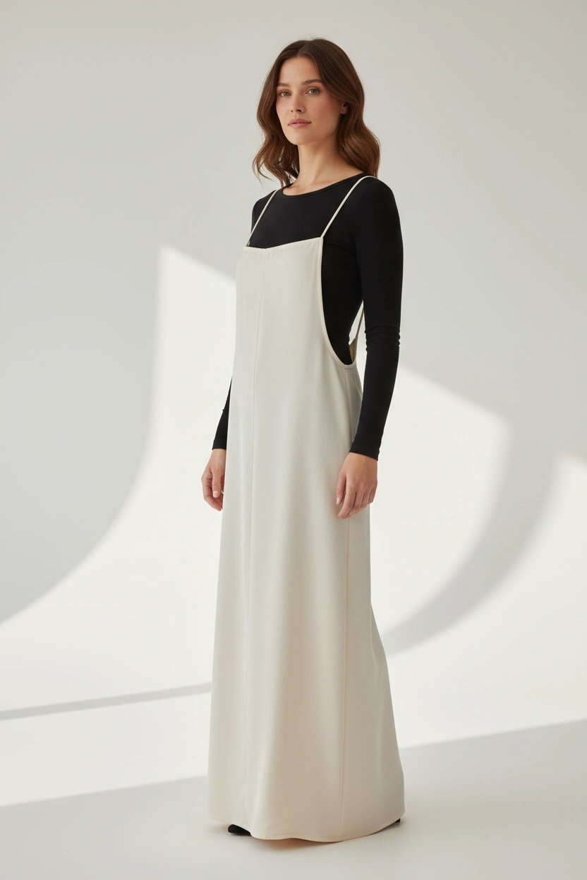 Kadın Ayarlanabilir İp Askılı Dabıl Kumaş Elbise Krem