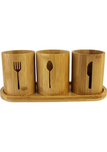 Bambu Stant Kaşıklık Kepçe 3 Bölmeli