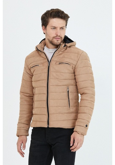 Erkek Vizyon Dar Kesim Kapüşonlu Süet Mont Vizon