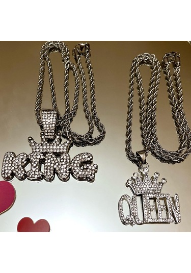 Gns Aksesuar Kral Ve Kraliçe Model 316l Kararmaz Çelik-kalın Zincirli Çift Kolye Gümüş