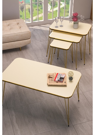 Zigon Sehpa Kr Ve Orta Sehpa Kr Set Çift Gold Krem Tel